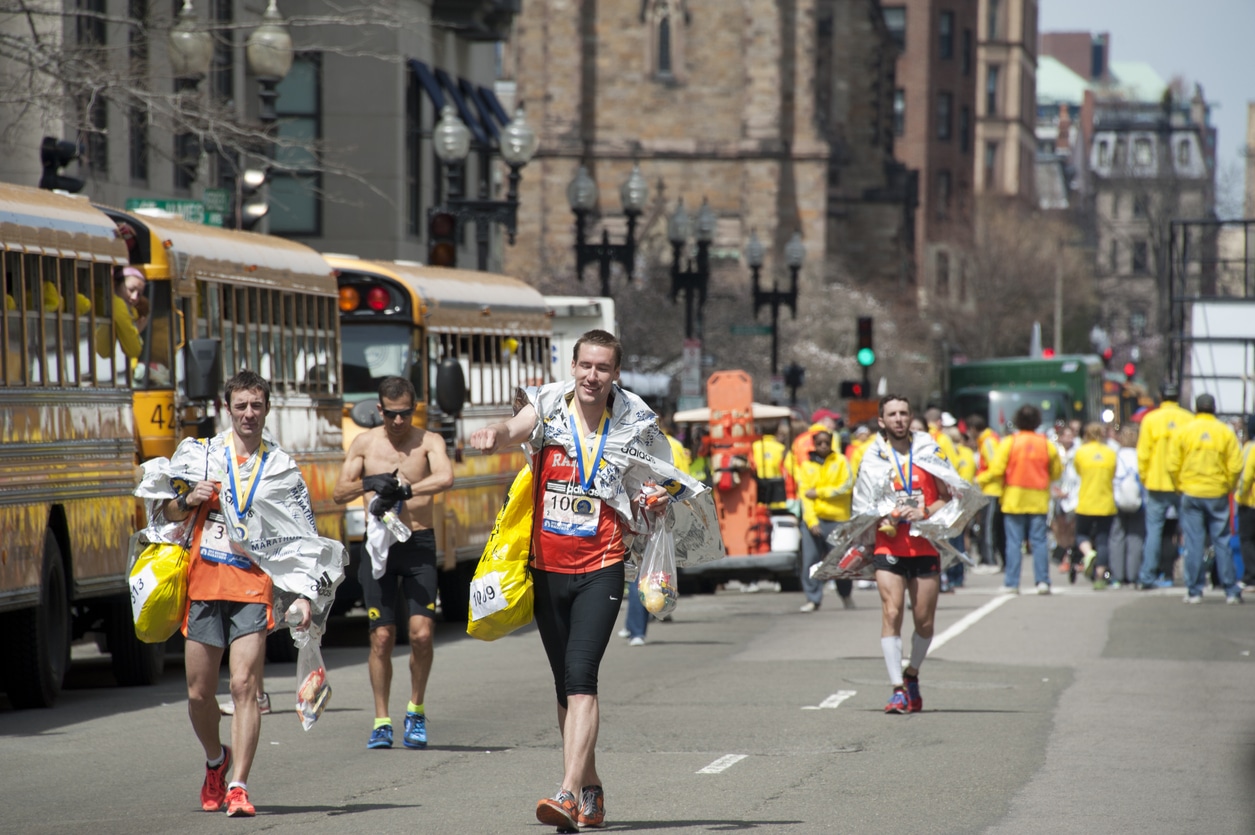 Boston, United States - April 15, 2013: The joy of finishing runners before the tragedy at Boston marathon 2013