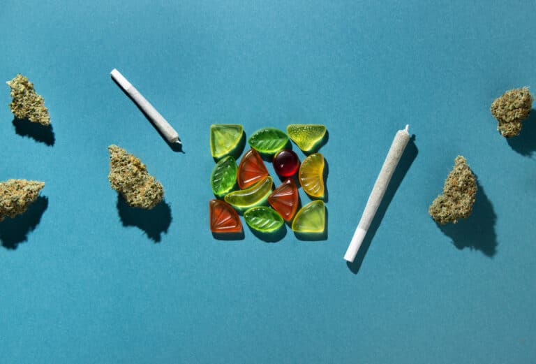 Gummy fruits lie in a square in the center, dry buds of medical marijuana and joints lie to the right and left. Cannabis treatment, On a blue-green background, copy space, flatlay